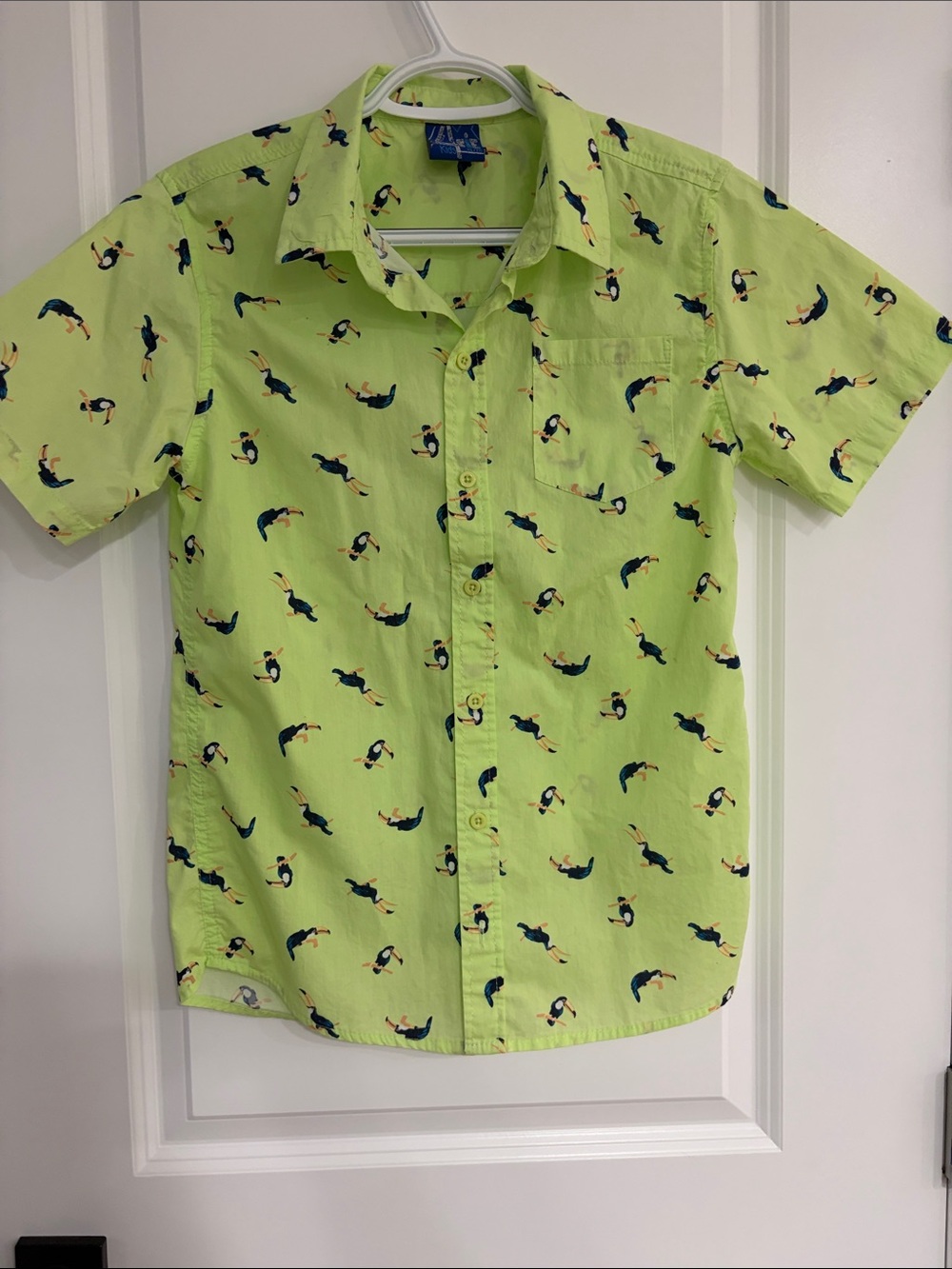 Boys' Short-Sleeve Lime Green Button-Down Shirt with Toucan Print